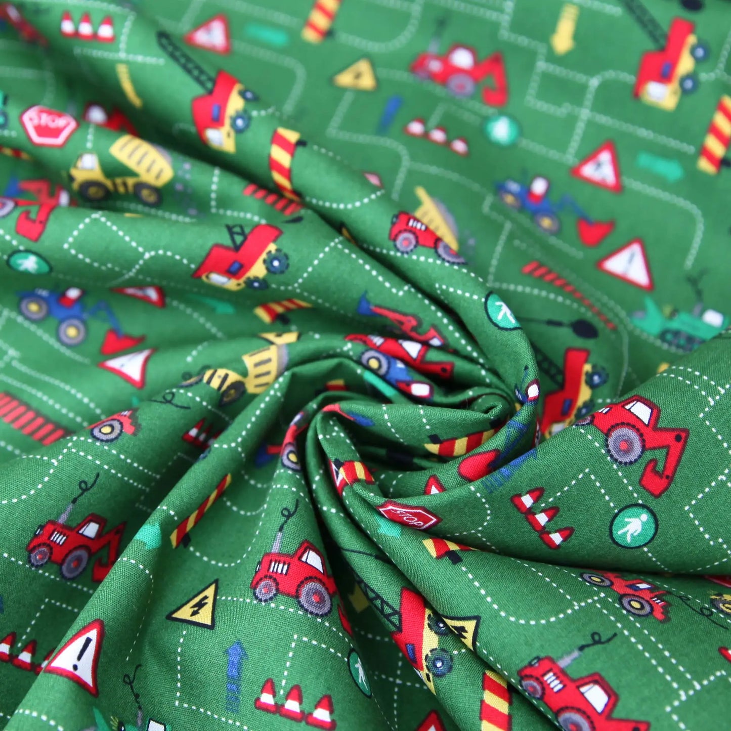 Baumwollstoff Baustelle Bagger Radlader auf grün Stoffe Kudellino