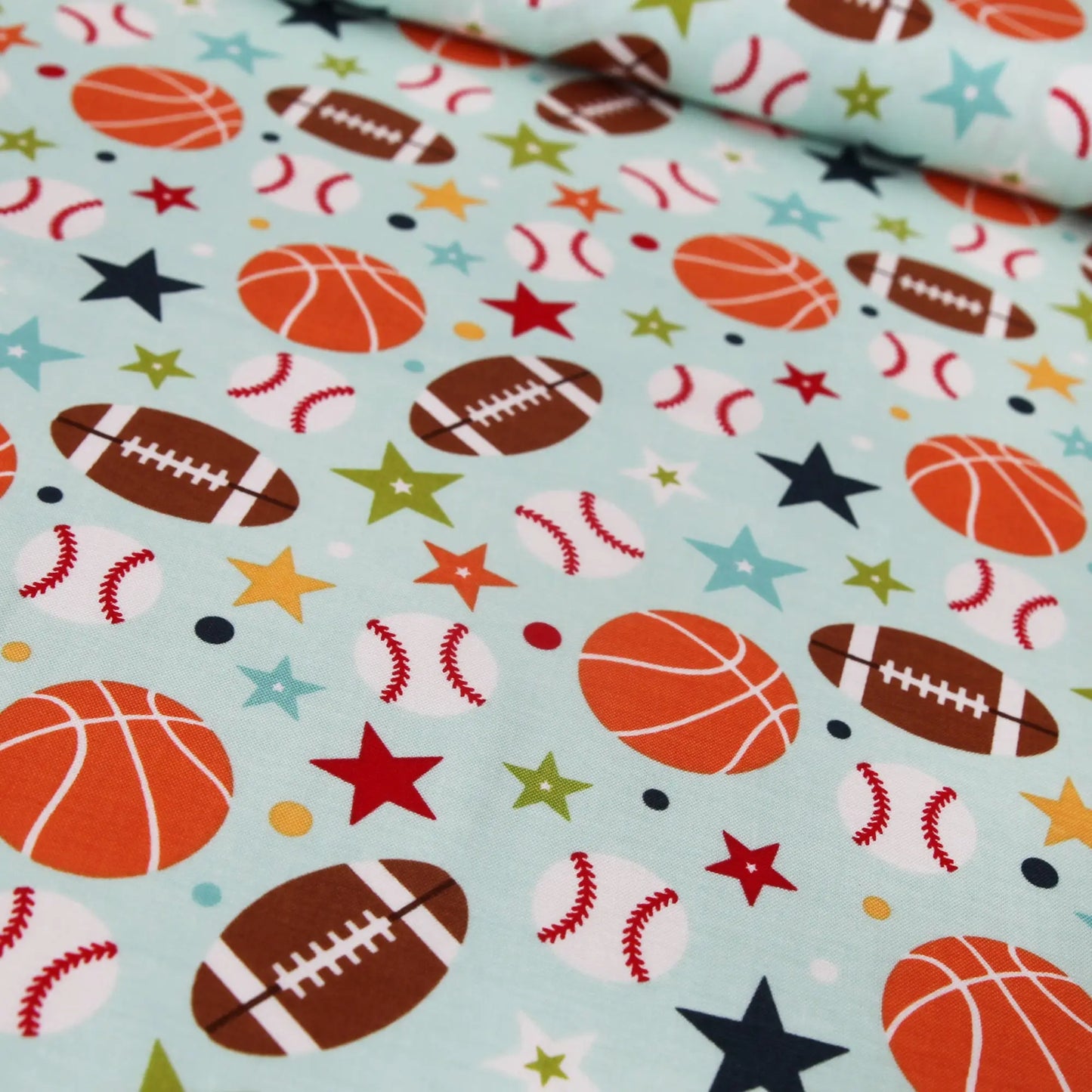 Baumwollstoff "Play Ball Sportbälle aqua bunt" von Riley Blake - Patchwork Stoffe Kudellino