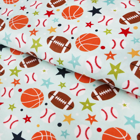 Baumwollstoff "Play Ball Sportbälle aqua bunt" von Riley Blake - Patchwork  Stoffe Kudellino