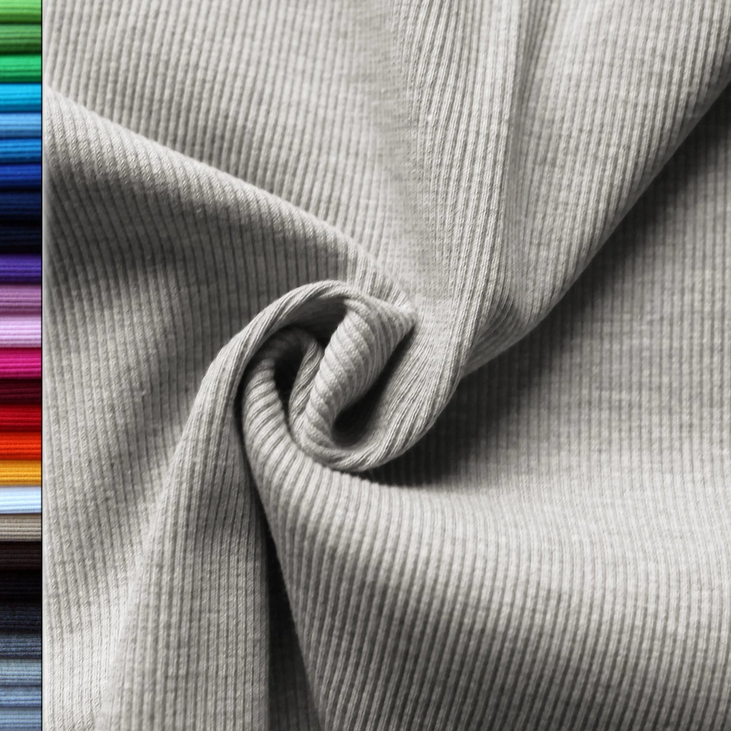 Breiter gerippter Bündchenstoff in Hellgrau Melange, Stoffe-Kudellino sale, weiche Textur.