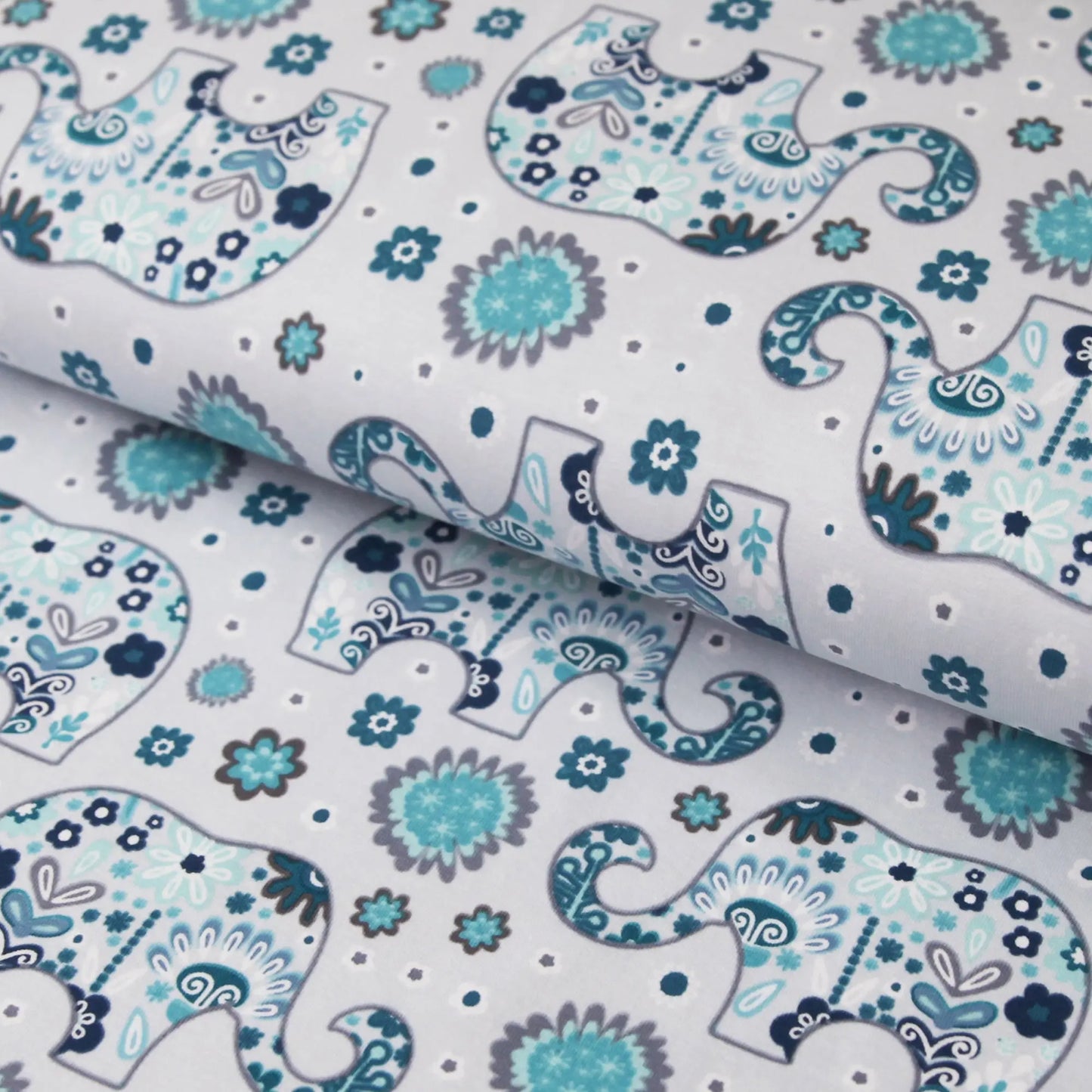 Baumwolljersey "Elefanten Blumen" - Jersey Stoff blau türkis petrol - Stoffe Kudellino - Bündchenstoffe, Jersey Stoffe und mehr...