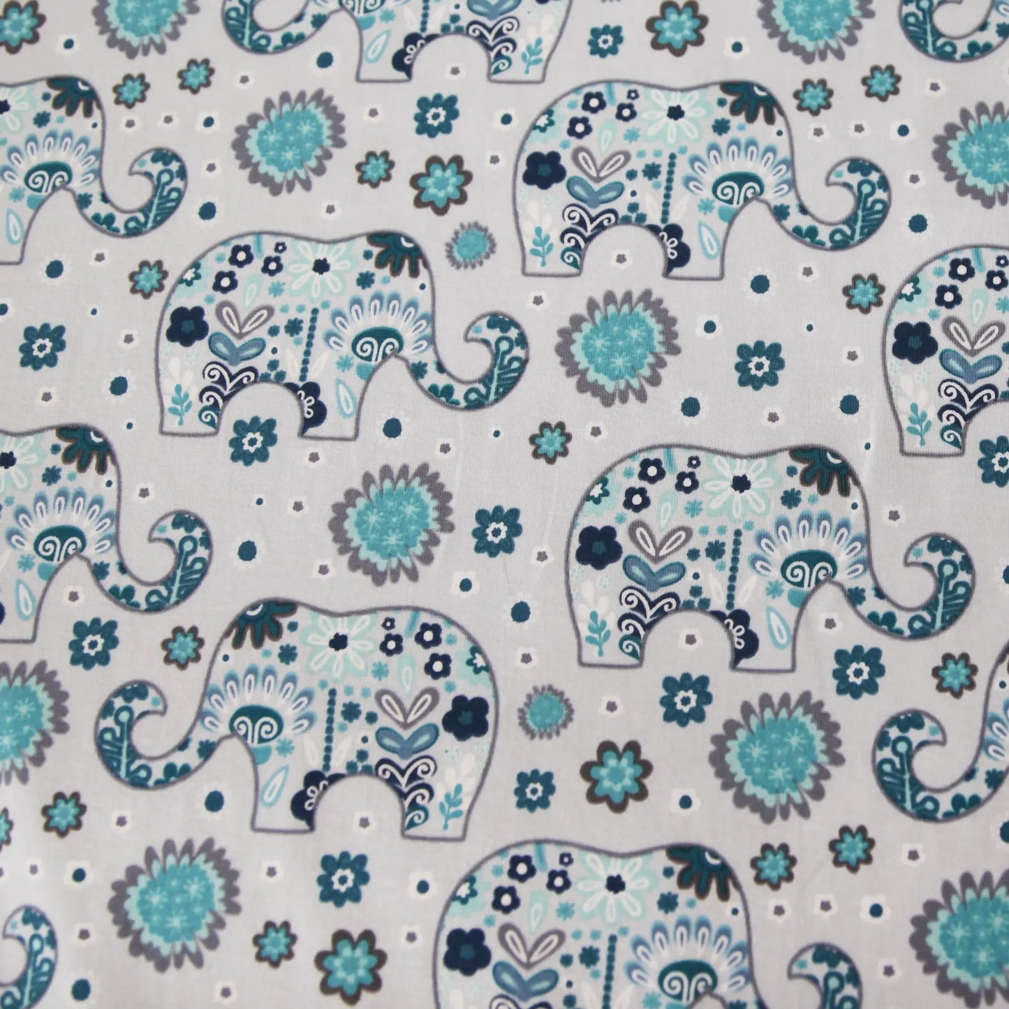 Baumwolljersey "Elefanten Blumen" - Jersey Stoff blau türkis petrol - Stoffe Kudellino - Bündchenstoffe, Jersey Stoffe und mehr...