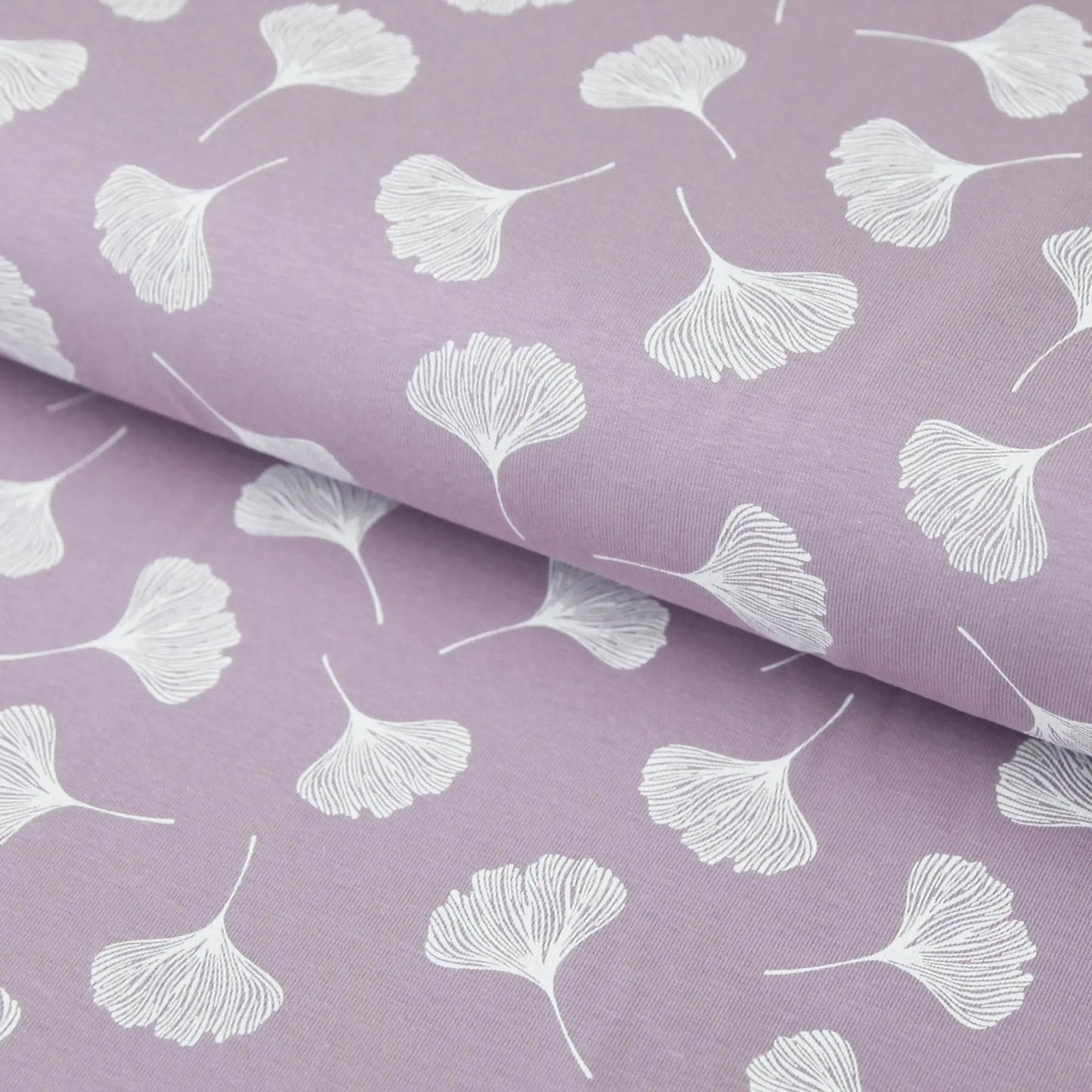 Baumwolljersey "Gingko Blätter" - Jersey Stoff auf mauve rauchlila Stoffe Kudellino