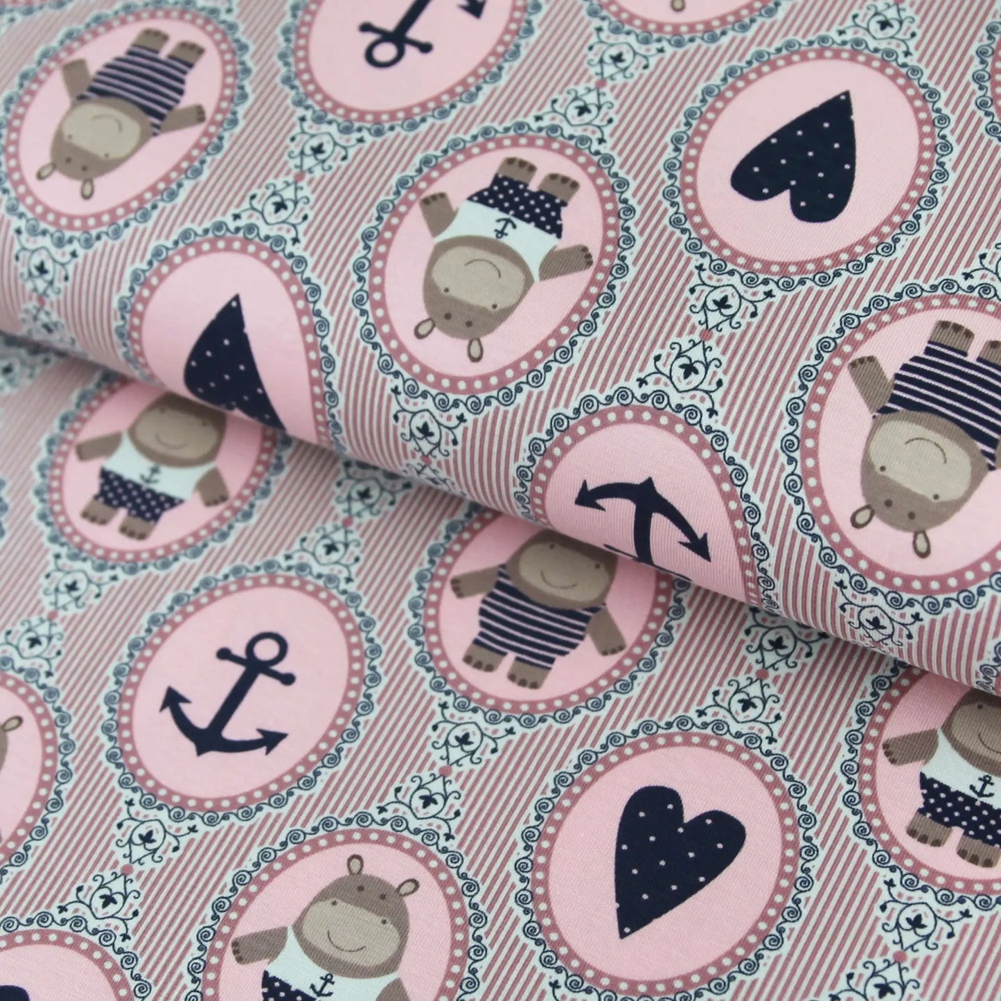 Baumwolljersey "Hippos Maritim" - Jersey Stoff in rosa - Stoffe Kudellino - Bündchenstoffe, Jersey Stoffe und mehr...