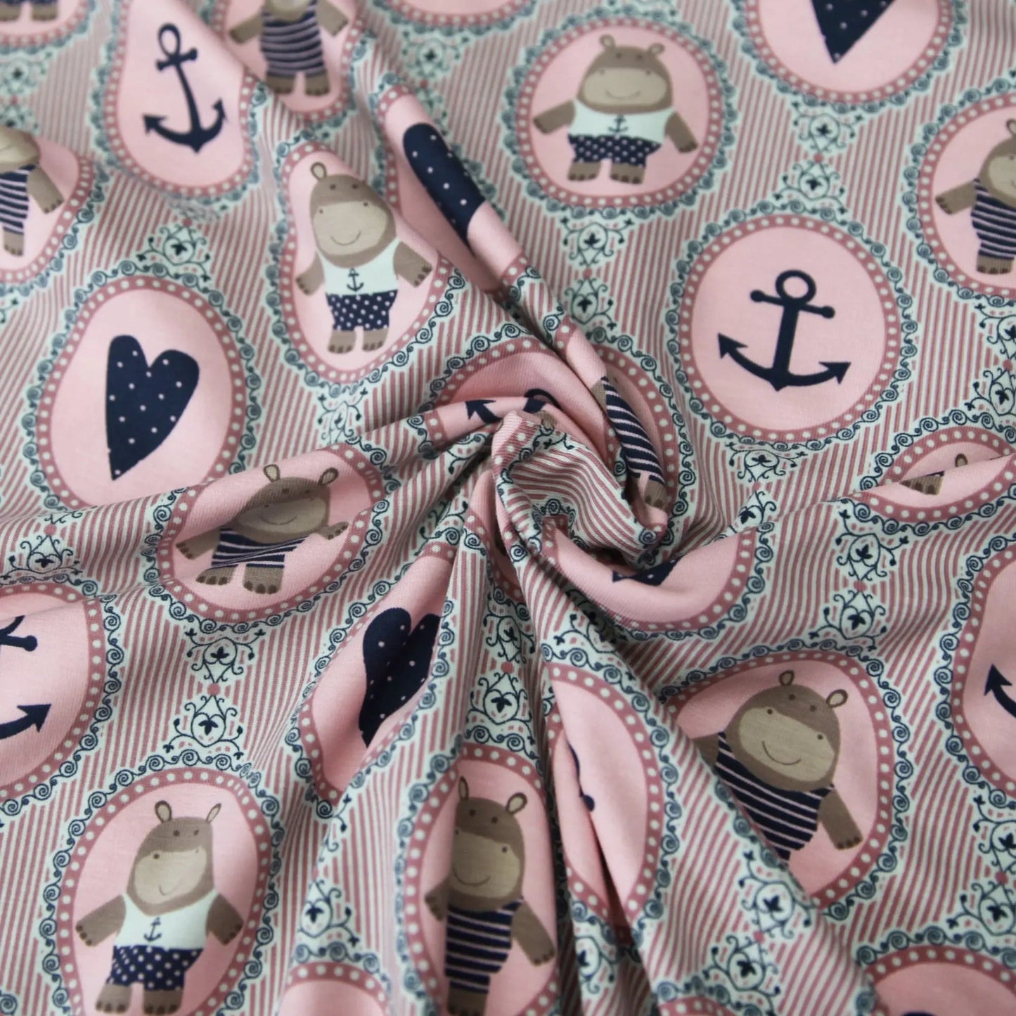 Baumwolljersey "Hippos Maritim" - Jersey Stoff in rosa - Stoffe Kudellino - Bündchenstoffe, Jersey Stoffe und mehr...