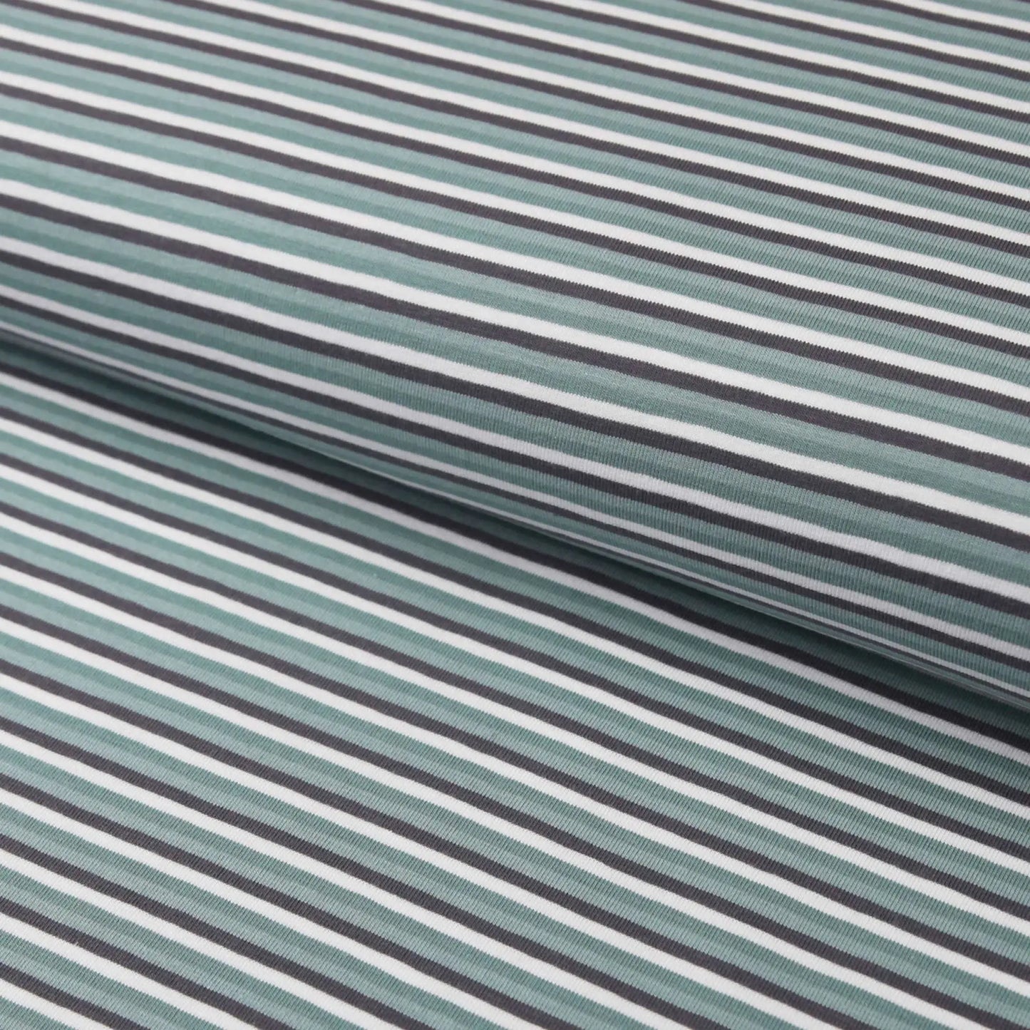 Baumwolljersey "Streifen 3mm" - Jersey Stoff rauchmint grau weiß - Stoffe Kudellino - Bündchenstoffe, Jersey Stoffe und mehr...