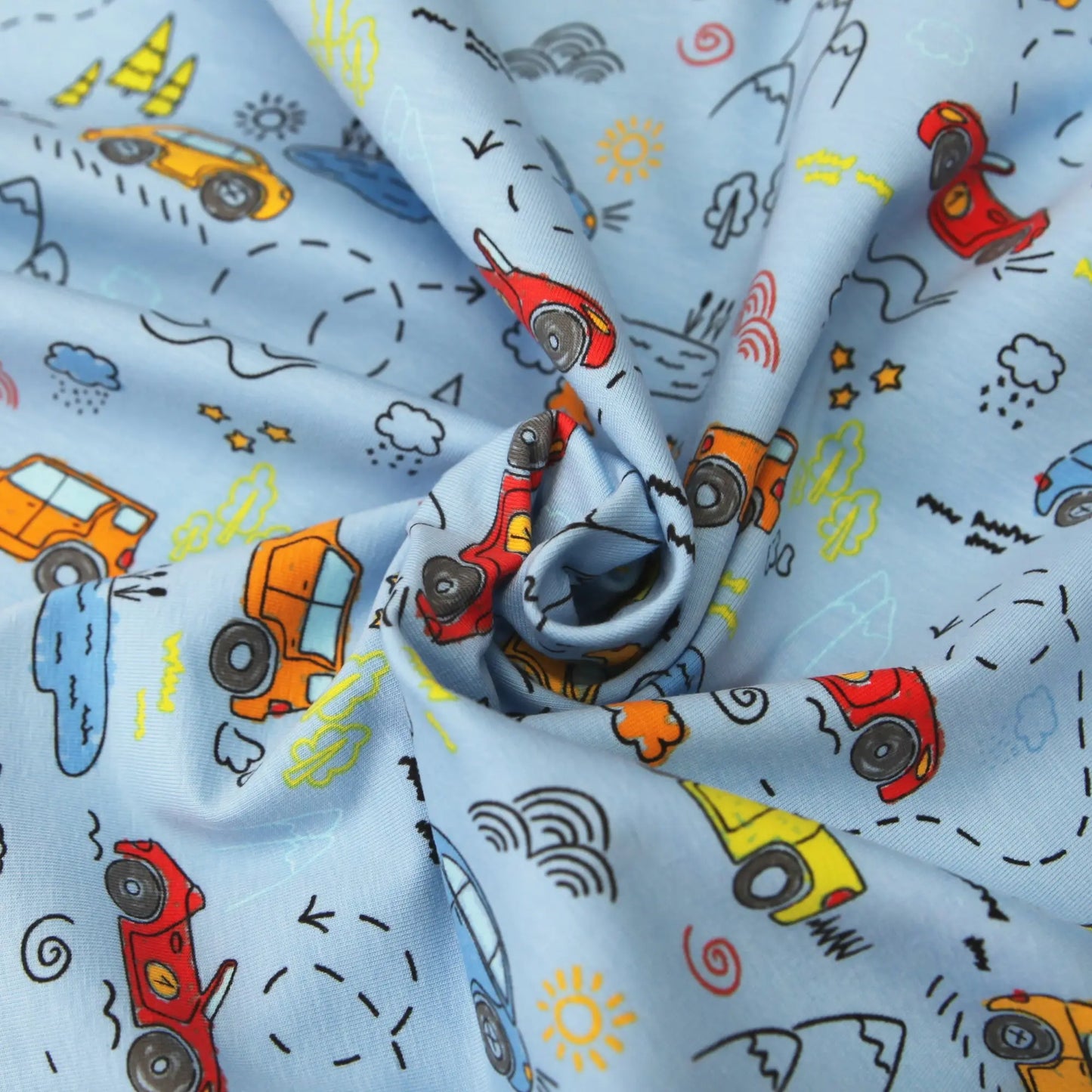 Baumwolljersey "Autos Reise - Kiddy Car in blau" Stoffe Kudellino