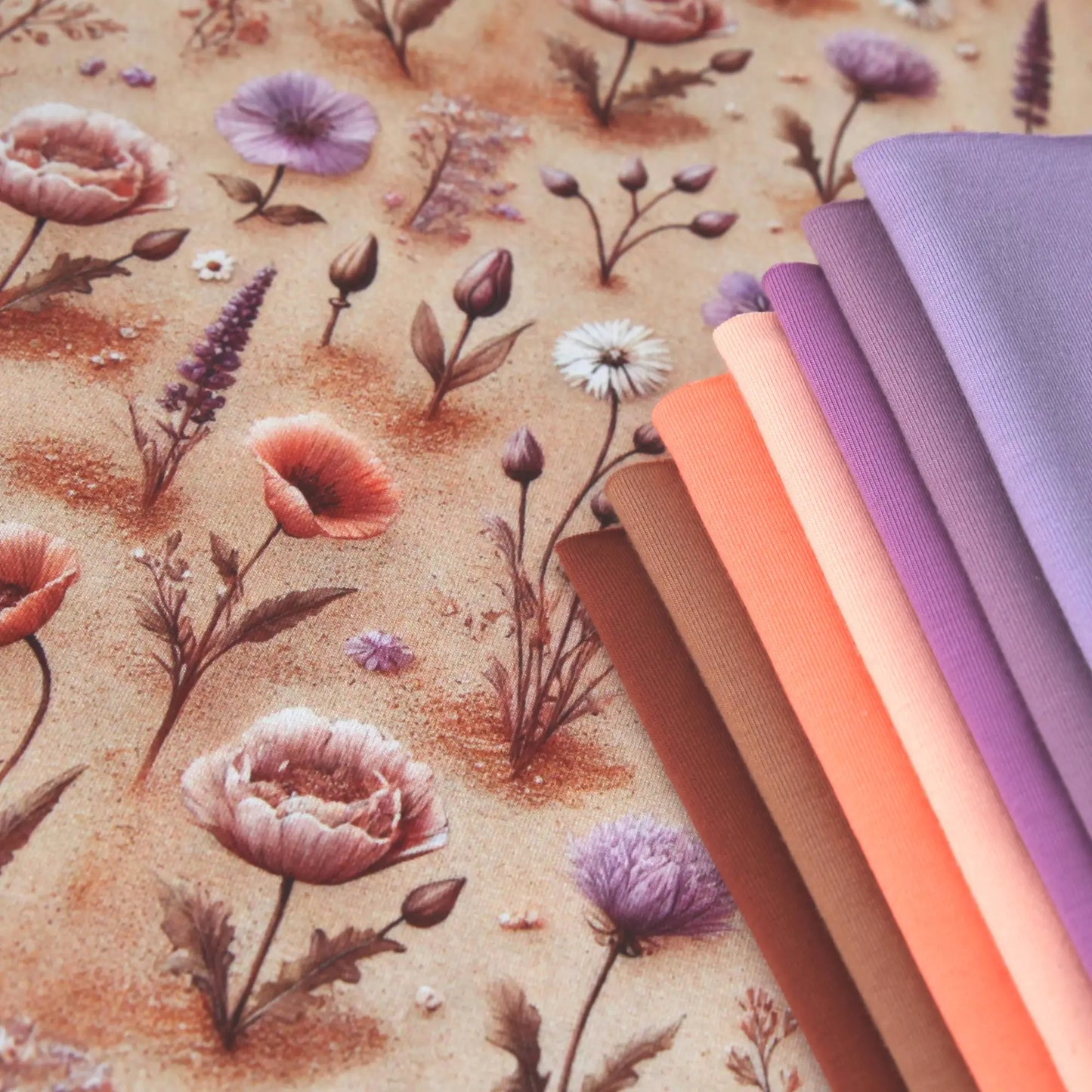 Baumwolljersey "Kräuter Feldblumen" - auf beige Stoffe Kudellino