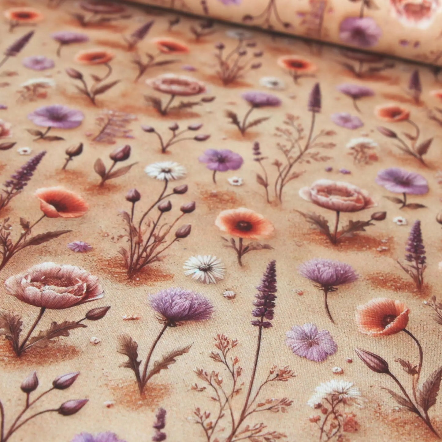Baumwolljersey "Kräuter Feldblumen" - auf beige Stoffe Kudellino