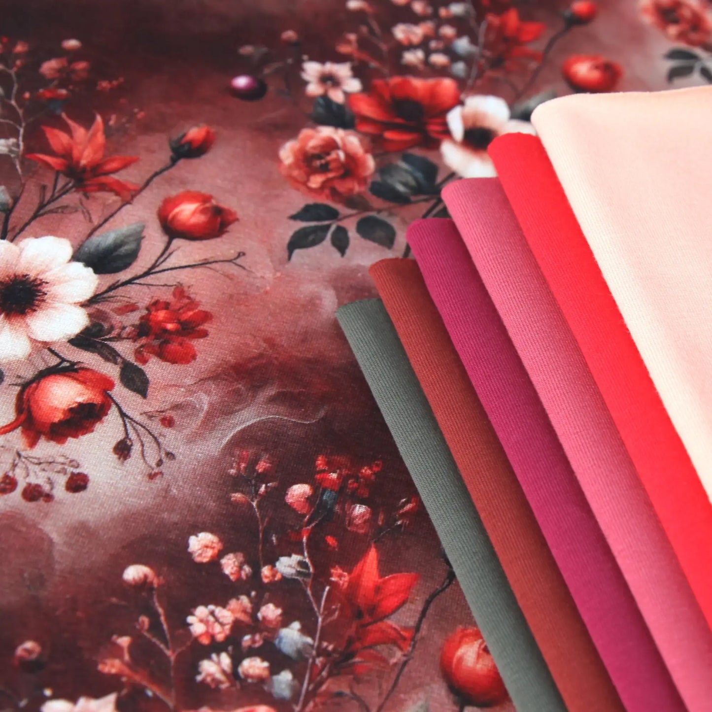 Baumwolljersey "Mystic Flowers" - bordeaux burgunderrot Stoffe Kudellino