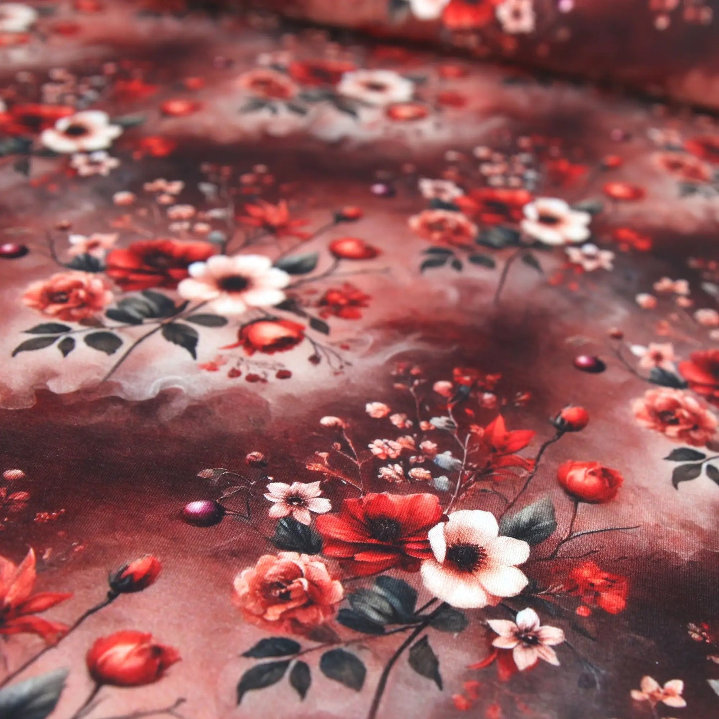 Baumwolljersey "Mystic Flowers" - bordeaux burgunderrot Stoffe Kudellino