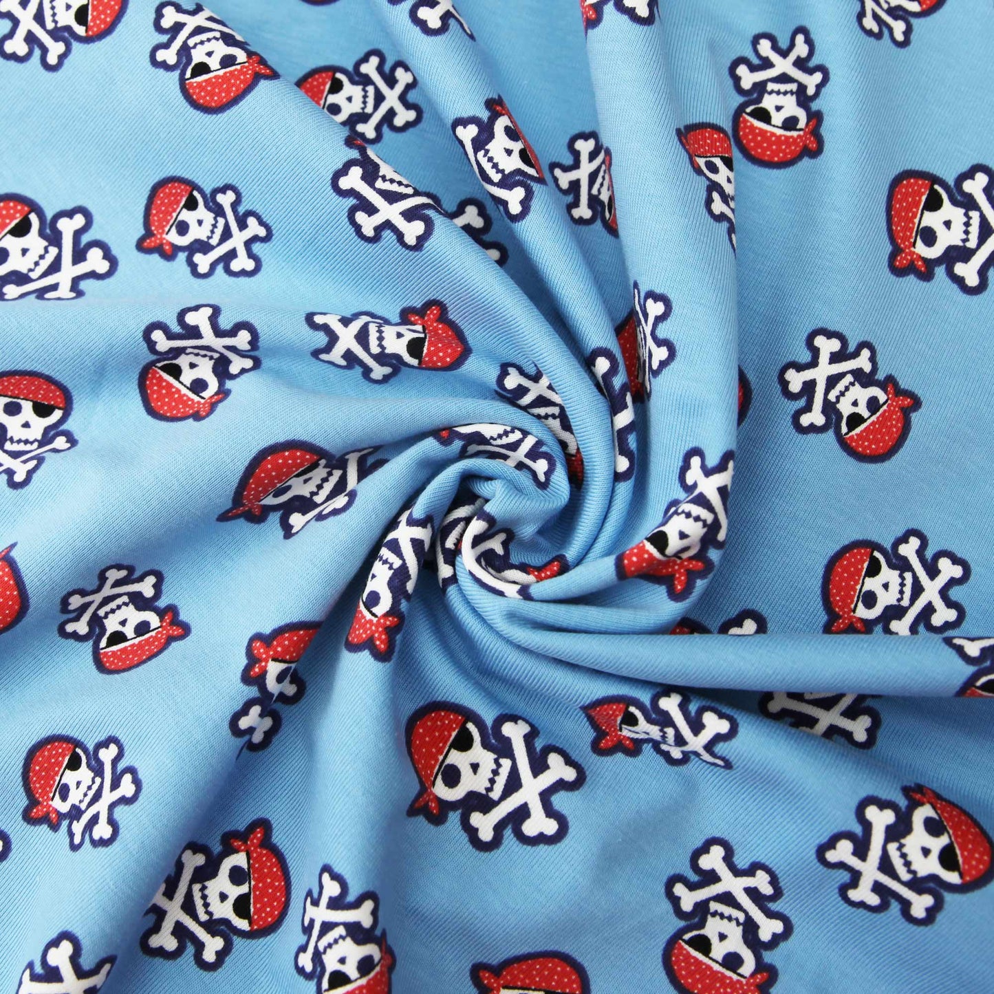 Baumwolljersey "Piraten Totenköpfe auf blau" - Jersey Stoff mit Skulls Seeräuber - Stoffe Kudellino - Bündchenstoffe, Jersey Stoffe und mehr...