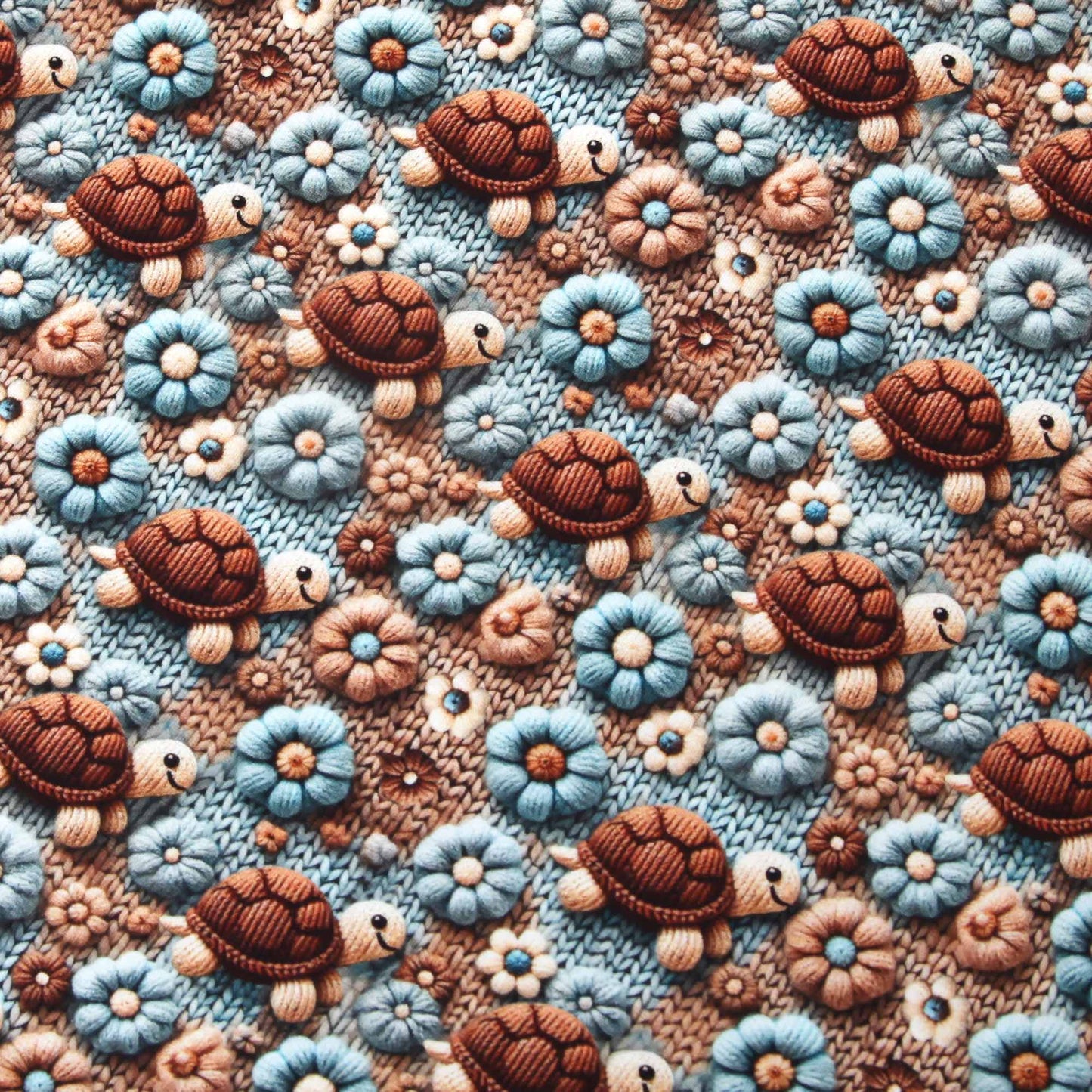 Baumwolljersey "Schildkröten" - Jersey Stoff mit gestrickten Schildkröten und Blüten Stoffe Kudellino