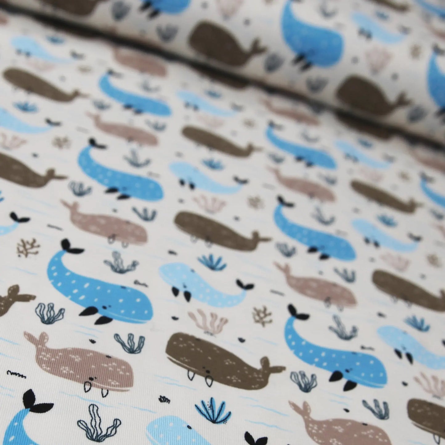 Baumwolljersey "Wale in blau auf beige" Kinderstoff Stoffe Kudellino