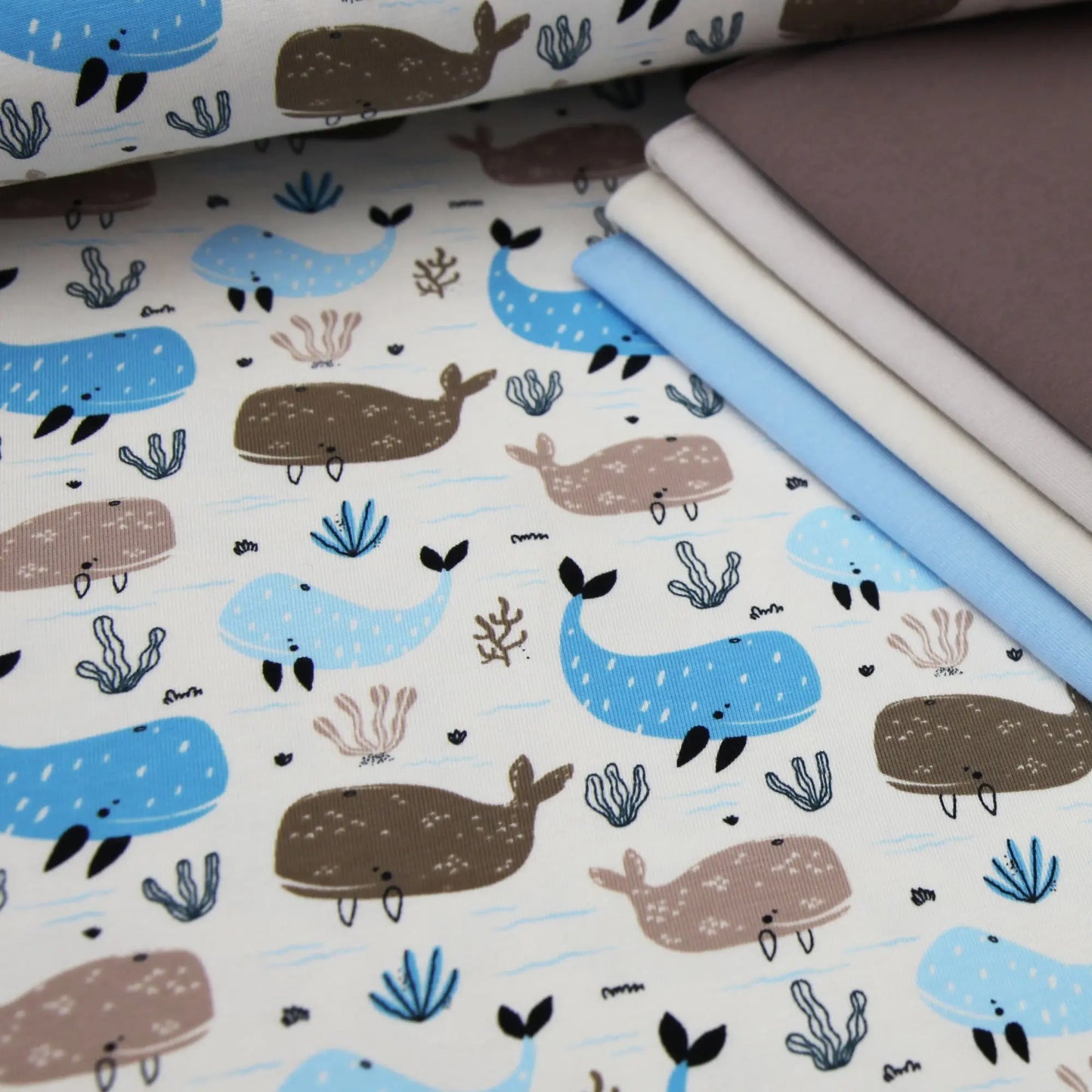 Baumwolljersey "Wale in blau auf beige" Kinderstoff Stoffe Kudellino