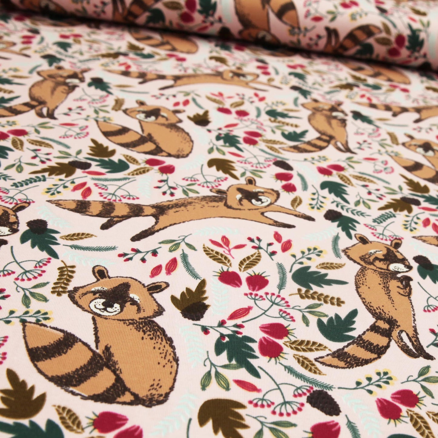 Baumwolljersey "Waschbär auf rosa" - Jersey Stoff mit Waschbären - Stoffe Kudellino - Bündchenstoffe, Jersey Stoffe und mehr...