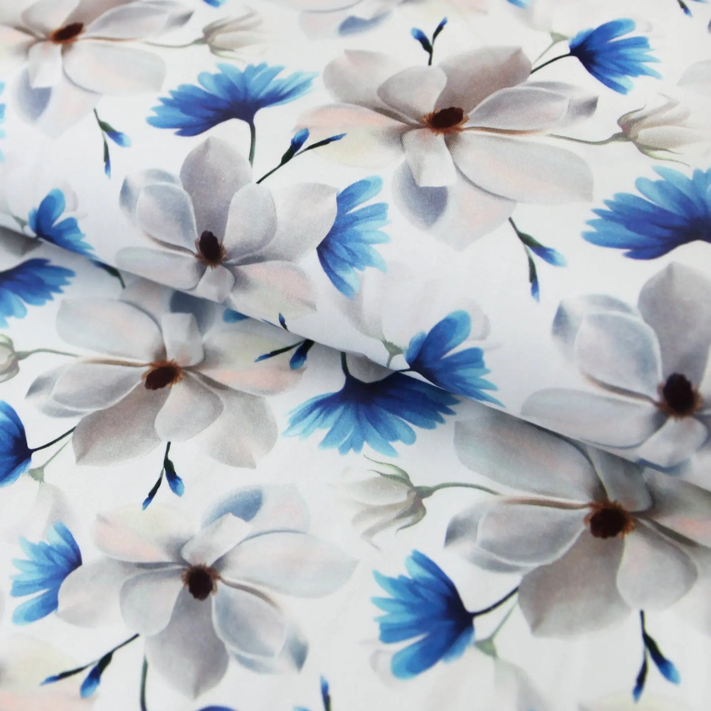 Baumwolljersey "weiße Blüte mit Kornblumen" - Modestoff - Jersey Stoff Stoffe Kudellino
