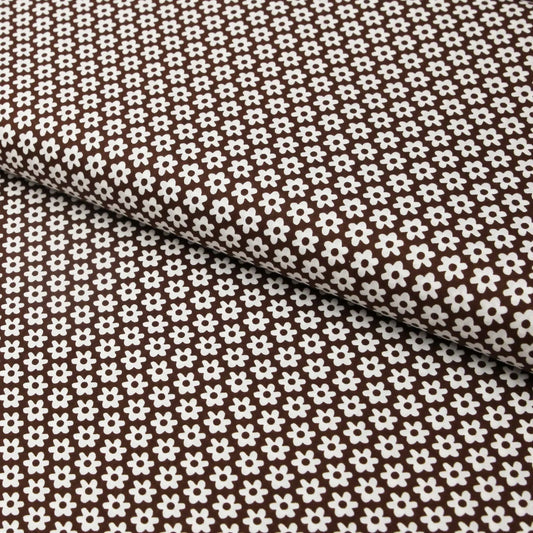 Baumwollstoff Blumen / Popeline " 1 cm weiße Blumen auf braun  Stoffe Kudellino