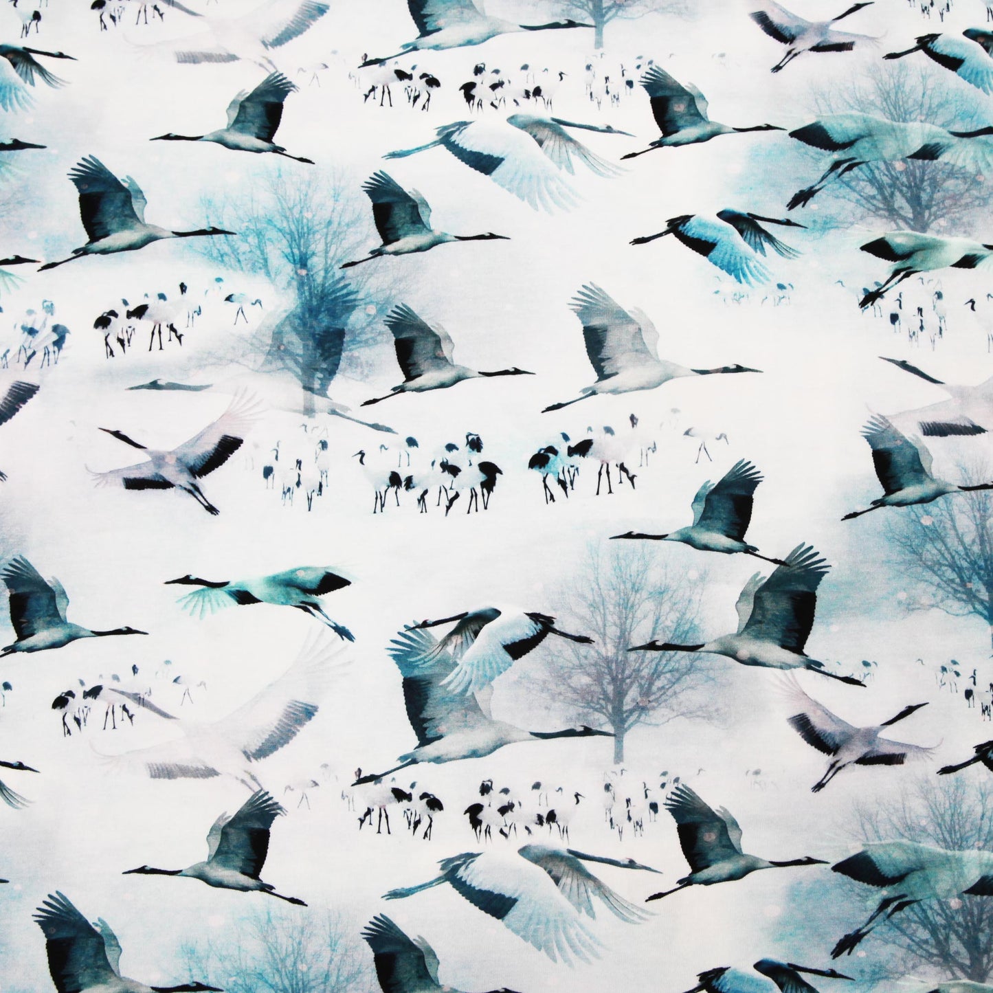 Baumwolljersey "Kraniche - Zugvögel auf weiß / blau" - Jersey Stoff - Stoffe Kudellino - Bündchenstoffe, Jersey Stoffe und mehr...