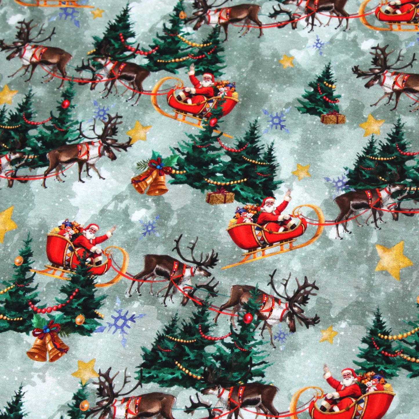 Baumwolljersey "Weihnachtsmann im Schlitten mint/rauchgrün" - Stoffe Kudellino - Bündchenstoffe, Jersey Stoffe und mehr...