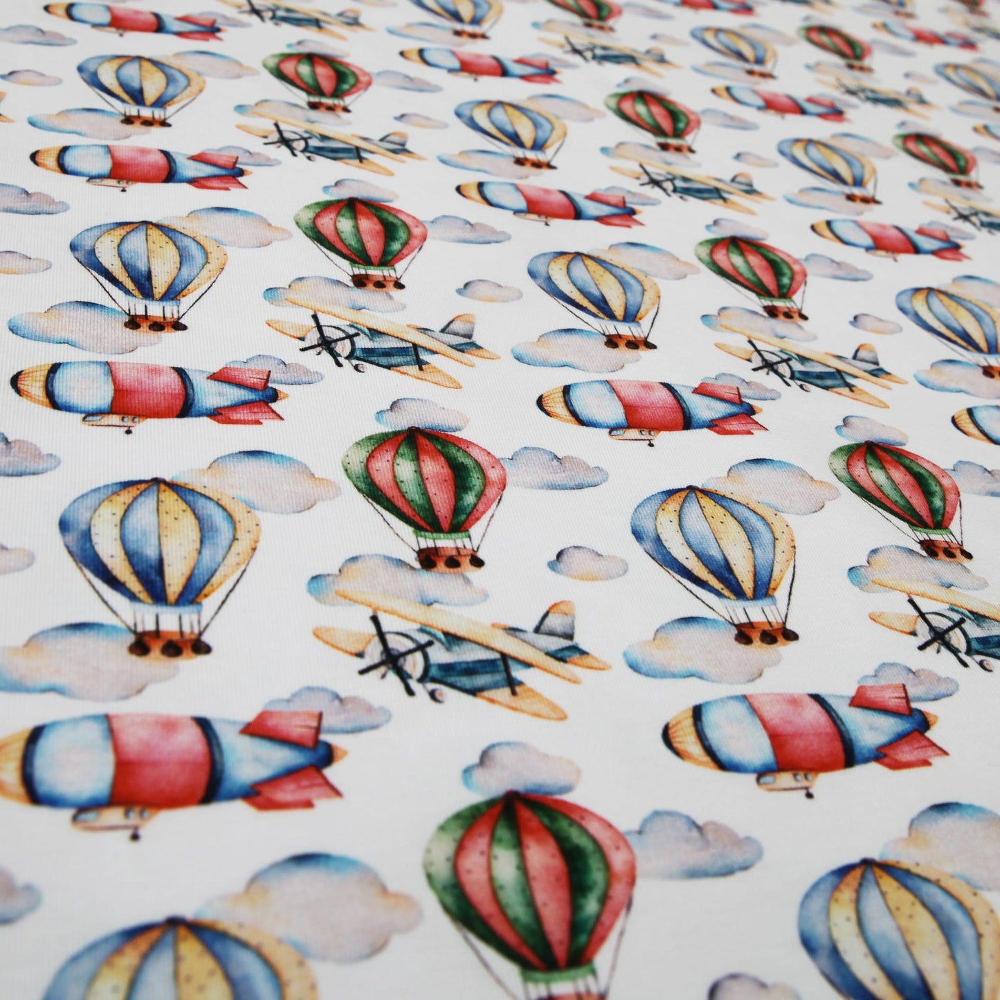 Baumwolljersey "Heißluftballon Zeppelin Doppeldecker auf weiß" -  JersJersey BedrucktStoffe Kudellino