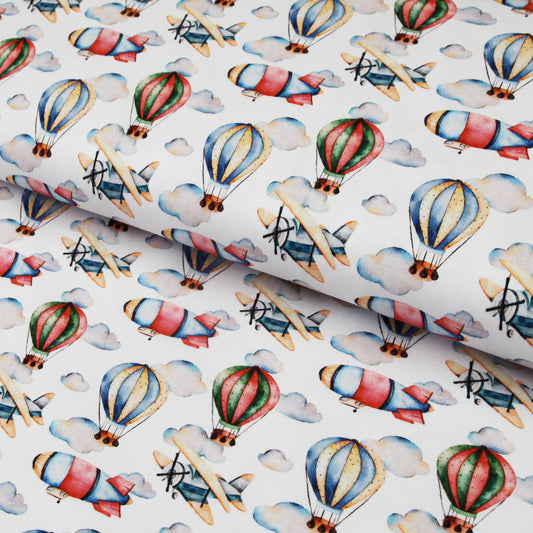 Baumwolljersey "Heißluftballon Zeppelin Doppeldecker auf weiß" -  JersJersey BedrucktStoffe Kudellino