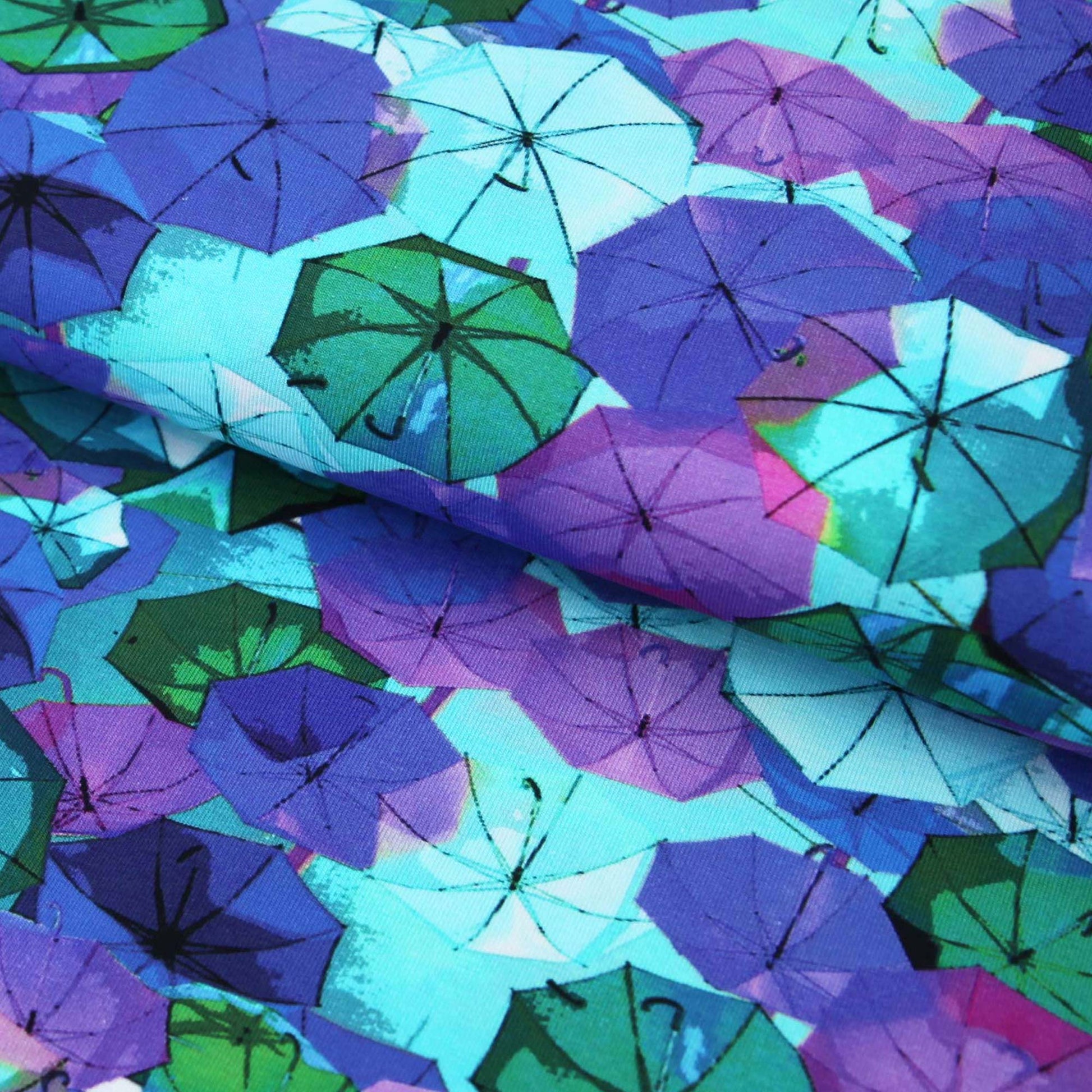 Baumwolljersey "Regenschirme Aquarell auf aqua grün violett" -  Jersey Stoff