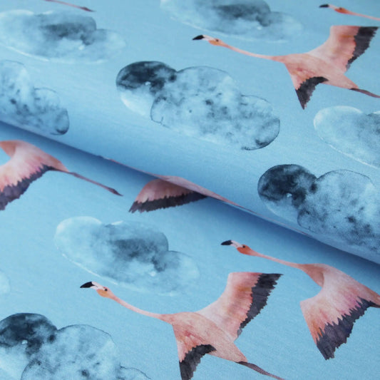 Baumwolljersey "Flamingos im Anflug" - Jersey Stoff blau und rosa Stoffe Kudellino