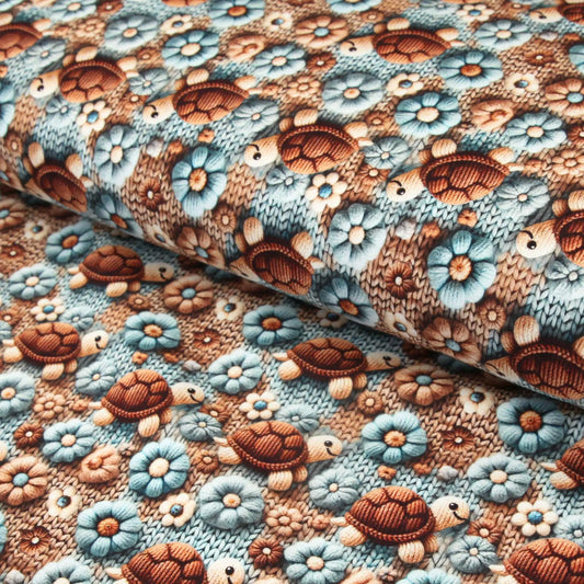 Baumwolljersey "Schildkröten" - Jersey Stoff mit gestrickten Schildkröten und Blüten  Stoffe Kudellino