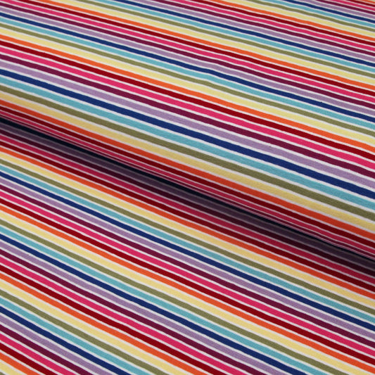 Ringel - Jersey Regenbogen bunte Streifen Multicolor mit Weiß - Stoffe Kudellino - Bündchenstoffe, Jersey Stoffe und mehr...