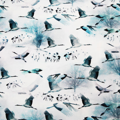 Baumwolljersey "Kraniche - Zugvögel auf weiß / blau" - Jersey Stoff - Stoffe Kudellino