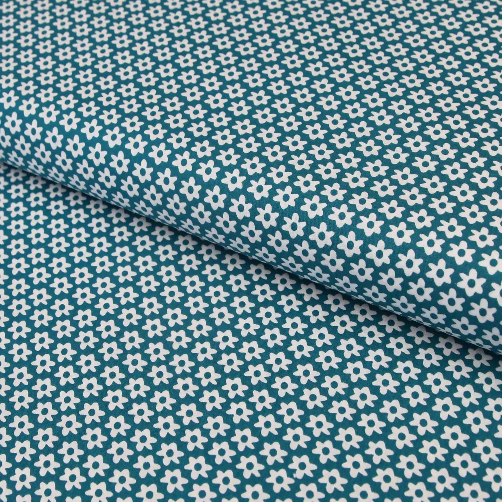 Baumwollstoff Blumen Popeline weiße Blumen auf petrol – Stoffe